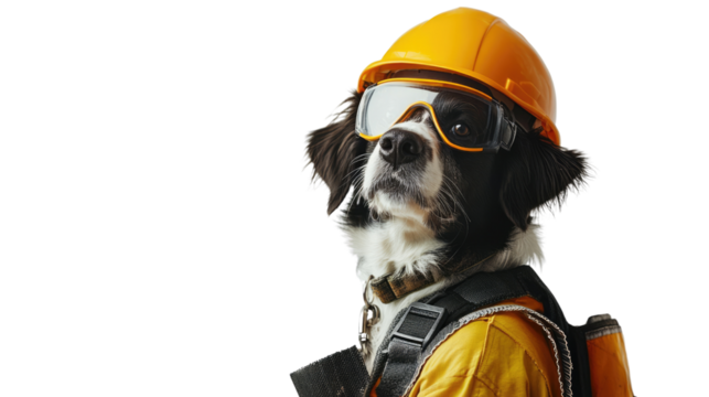 Construction Dog: A border collie dog wearing a yellow hard hat, safety glasses, and a construction vest, portraying a concept of safety and responsible labor.