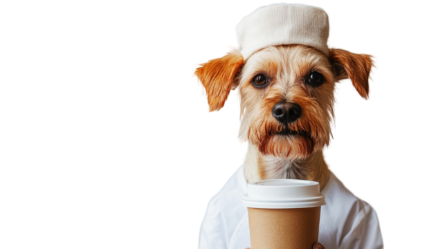 Dog Barista: A charming Yorkshire Terrier, dressed as a barista, holds a takeaway coffee cup, offering a delightful and whimsical take on the coffee culture.