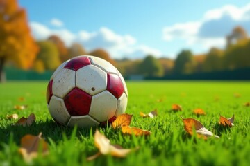 Fototapeta premium A weathered soccer ball rests on a vibrant green lawn, surrounded by fallen autumn leaves under a clear autumn sky.