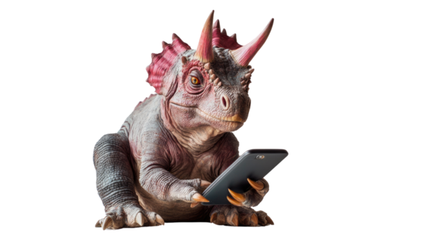 Dino-Tech: A dinosaur statuette engages with a handheld device, blending prehistoric charm with modern technology in a whimsical display.