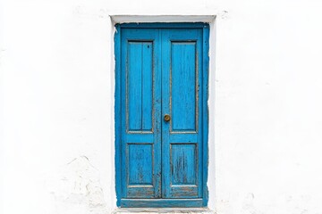 Blue Door on White Wall - A weathered blue wooden door set into a whitewashed wall. Concepts: passage, mystery, travel, history, simplicity