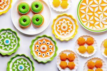 Green-glazed donuts, orange sweets, patterned plates, flatlay, white background, food photography