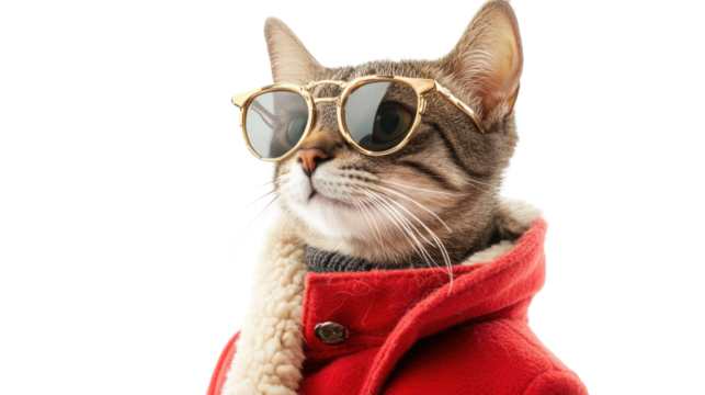 Cool Cat in Fashion: This image features a stylish cat, donning fashionable sunglasses and a chic red coat with a fluffy trim, creating a playful and trendy scene.