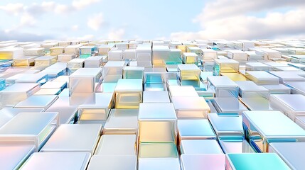 Fototapeta premium Iridescent Cubes Abstract Background 3D Shiny Pastel Blocks under Sky