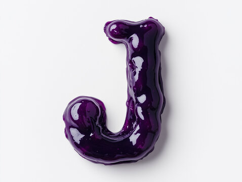 a letter J made of grape jelly, top view. Minimalistic design on a plain white background