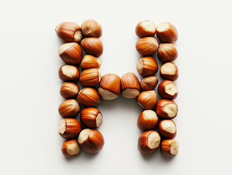 letter H made of hazelnuts. Top view. Minimalistic design on a plain white background