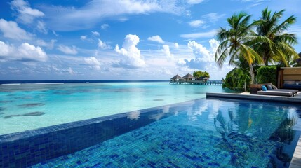 Fototapeta premium A luxurious sea view from resort, with an infinity pool blending into the horizon,
