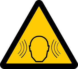 triangular warning sign,  human head, sound waves, noise hazard.