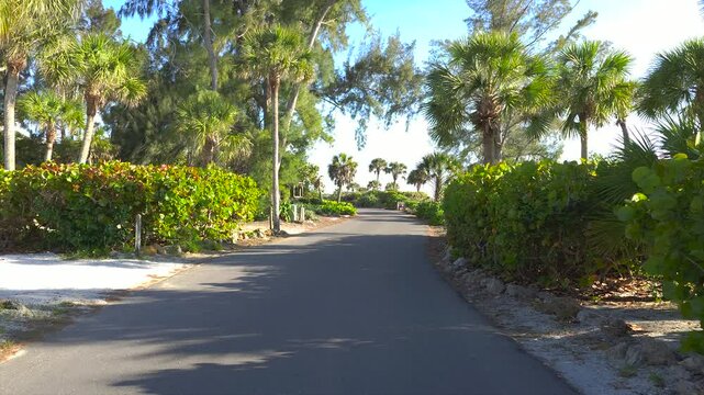 Casey Key coastal residential community picturesque street. Car point of view driving on scenic road in sunny Florida.