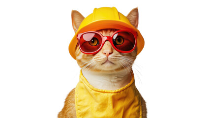 Fototapeta premium The Construction Cat: A charming ginger cat, complete with a yellow hard hat, sunglasses, and matching work attire, assumes a pose, exuding an air of authority and confidence.