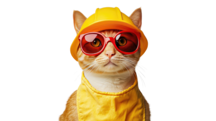 The Construction Cat: A charming ginger cat, complete with a yellow hard hat, sunglasses, and matching work attire, assumes a pose, exuding an air of authority and confidence.