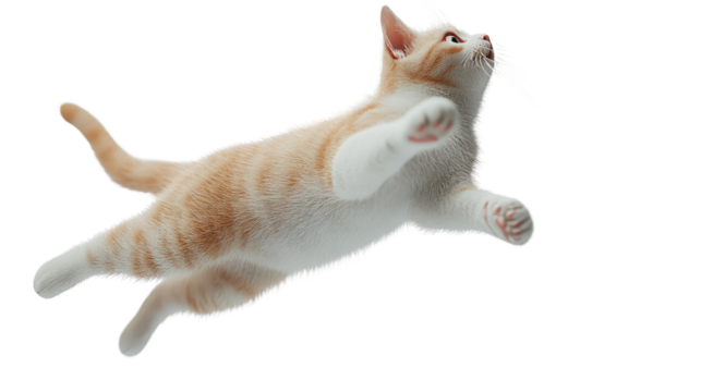 Leaping Kitten: Captured mid-air, an adorable orange tabby kitten embodies playful curiosity as it leaps upwards, paws outstretched and eyes fixed on an unseen wonder.