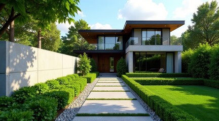 Modern Architectural Design Showcase Luxurious Residence with Expansive Landscaping and Pristine Stone Pathway