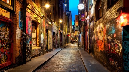 Fototapeta premium Illuminated Urban Street Art Under Twilight Sky