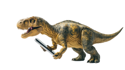 Dinosaur with Tech Device: A humorous depiction of a dinosaur interacting with a modern tech device, suggesting an unexpected connection between prehistoric times and contemporary technology.