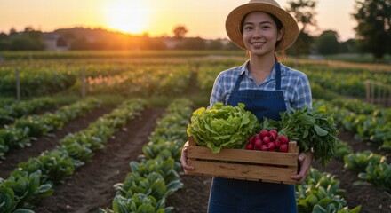Smiling woman harvesting vegetables in a garden