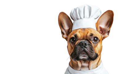 Dog Chef Portrait: A charming French bulldog, dressed as a chef with a toque, gazes directly at the viewer. Capturing the dog's playful demeanor and unexpected attire.