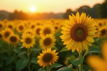 Fototapeta premium Golden Sunflowers Basking in the Warm Glow of a Sunset, a Vibrant Field of Yellow Petals