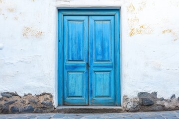 Blue Wooden Door on White Wall - A weathered, vibrant blue double door set into a whitewashed stone wall. Simple, rustic charm