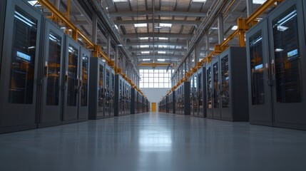 Naklejka premium Industrial Factory Interior Rows of Modern Servers High Tech Manufacturing Data Center