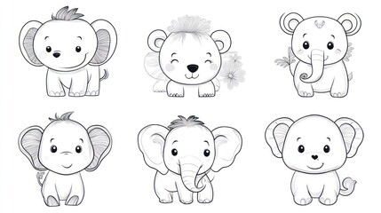 Cute cartoon animals, stylized illustrations of elephants and a bear, outlined in black and white, in a grid pattern.