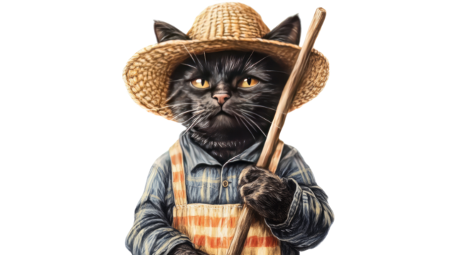The Purrfect Gardener: A charming, anthropomorphic black cat, clad in farmer attire and a straw hat, strikes a stoic pose with a hoe, ready to tend to its garden. 