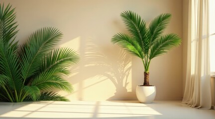 Fototapeta premium Serene Interior Design Featuring Lush Tropical Foliage Basking in Soft Sunlight Through Sheer Drapes