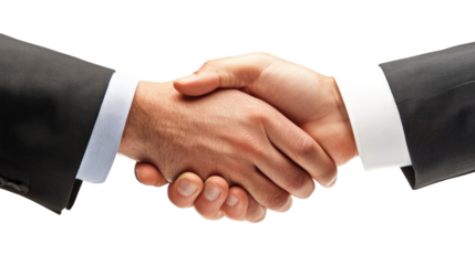 Handshake Agreement: A close-up shot of two hands clasped firmly in a handshake, symbolizing agreement, partnership, or a successful deal.