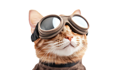 Whimsical Feline Aviator: A ginger cat, adorned with vintage pilot goggles and a leather jacket, gazes upwards with a playful expression, ready for adventure