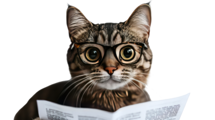 Clever Cat with Glasses and Newspaper: A feline, adorned with spectacles, engrossed in reading a newspaper, offers a whimsical portrait of intellect and leisure.
