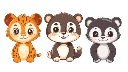 Cute cartoon animals, three adorable baby animals sitting, smiling faces,  big eyes,  vibrant colors.