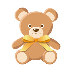 Cartoon Teddy Bear with 3D Bow Isolated on White Background. Icon Bear Plush Toy in Flat Style. Brown Animal with Paper Cut Ribbon. Vector Illustration Suitable for Kids Birthday, Invitation, Banner.