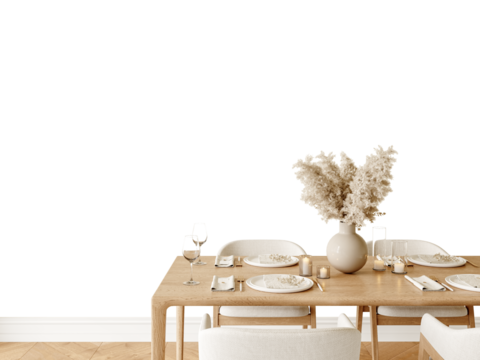 Free PNG wallpaper mockup in Interior, Minimalist Table Setting with transparent background, 3D rendering
