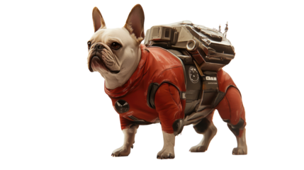Tech-Ready Canine: A stylish French Bulldog, adorned in a futuristic red outfit and a high-tech backpack, stands poised, embodying a fusion of charm and innovation.