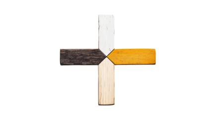 Directional Harmony: An overhead perspective unveils a cross-shaped composition of wooden arrows, each pointing in a unique direction.