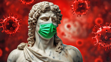 Alexander the Great wearing a green surgical mask, resilience during a virus outbreak. The blurred red virus background and copyspace make it ideal for health, history, and pandemic-related themes.