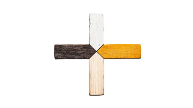 Directional Harmony: An overhead perspective unveils a cross-shaped composition of wooden arrows, each pointing in a unique direction.