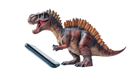 Dinosaur and Device: A miniature dinosaur toy, depicted with fierce expression, seemingly interacting with a modern device.