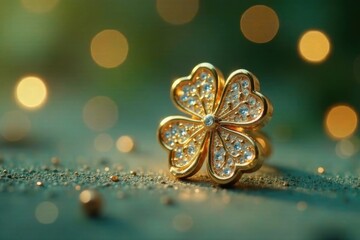 Fototapeta premium Golden Four-Leaf Clover Adorned with Sparkling Gems Rests on a Glittering Surface