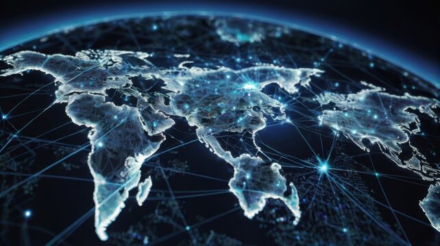 A futuristic world map with glowing digital connections, symbolizing global networking and advanced technology, with data streams and bright points linking different regions.


