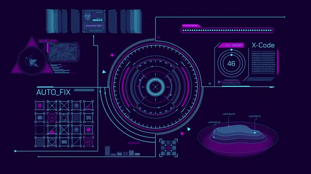 Animated display with HUD and infographic elements for data handling