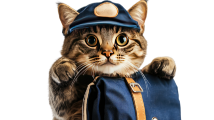 The Purrfect Delivery: A charming cat, impeccably attired as a mail carrier, clutches a satchel, its expressive eyes conveying an anticipatory delight.