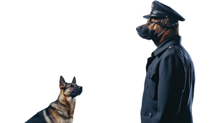 Dog Policeman: A humorous and intriguing studio shot presents a police dog in uniform standing opposite another canine in anticipation, embodying the concept of authority and obedience