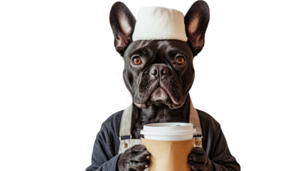 Canine Cafe Connoisseur: A charming French bulldog, dressed as a barista, presents a cup of coffee, exuding professionalism. Capturing the essence of modern service and pet-friendly experiences.