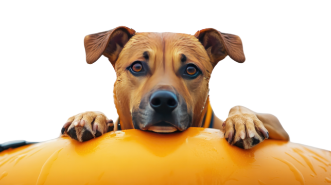 Canine Curiosity: A charming mixed-breed dog with soulful eyes gazes directly at the viewer, resting its paws on a vibrant yellow surface, creating a sense of connection and inquisitiveness.