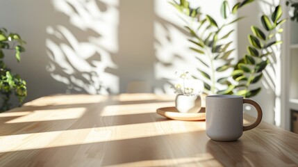A minimalist view of camera on table, placed on a wooden surface with natural light,