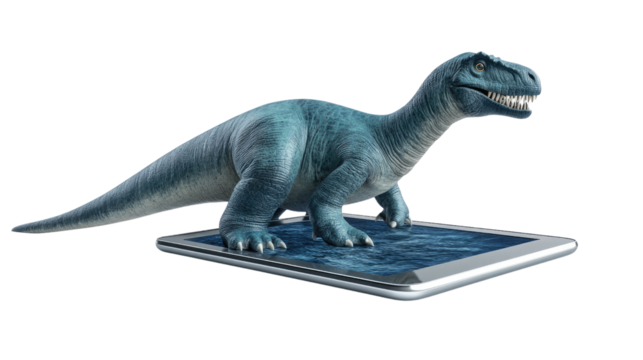 Dinosaur Emerging from Tablet: A modern concept image showing a blue dinosaur seemingly emerging from a digital tablet, blending technology and prehistoric imagery.