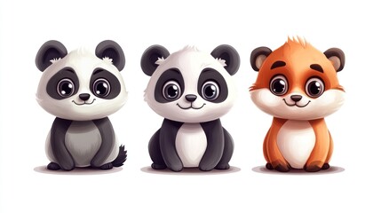 Obraz premium Cute cartoon animals, three adorable chibi pandas and a fox, sitting, isolated on white background.