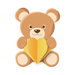 Fototapeta premium Cartoon Teddy Bear with 3D Heart Isolated on White Background. Icon Bear Plush Toy in Flat Style. Brown Animal with Paper Cut Heart. Vector Illustration is suitable for Kids Birthday, Invitation.