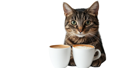Cat's Coffee Break: A curious cat curiously eyes two cups of coffee or cappuccino, hinting at a moment of shared relaxation.